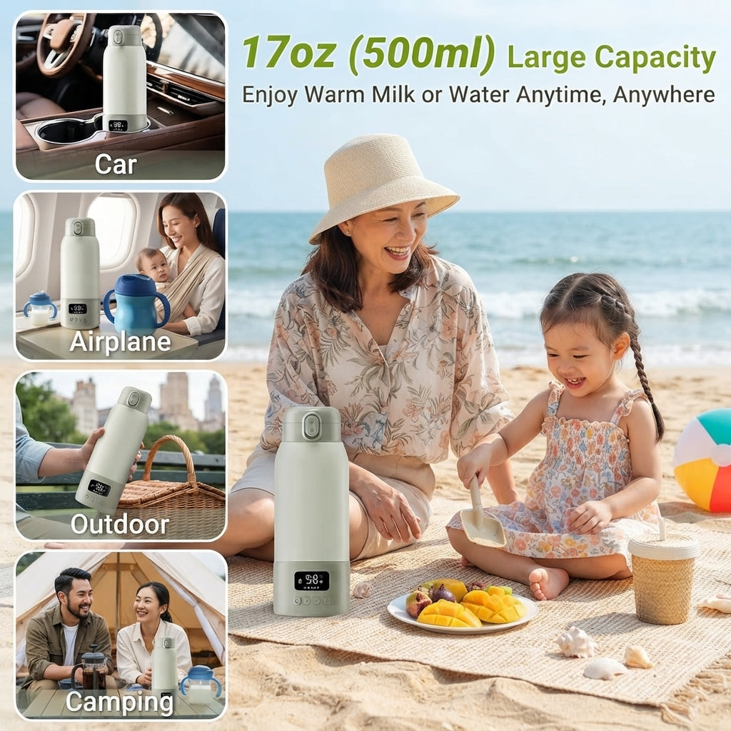 Portable Bottle Warmer for Travel,17oz Large Capacity, 2-Min Fast Heating for Breast Milk & Formula & Water, Keep Warm Function, Long Battery Life, Ideal for Heating Breast Milk and Water On-the-Go