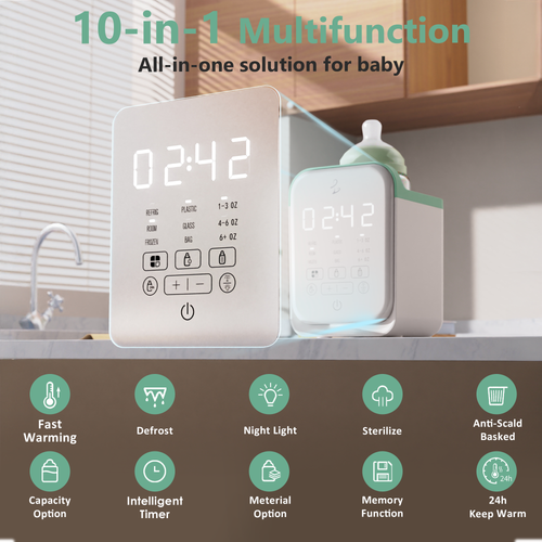 10-in-1 Baby Bottle Warmer, Fast Heating with Timer & Memory, Precise Temp Control, Thaw & Steam Mode, Auto Shutoff, White