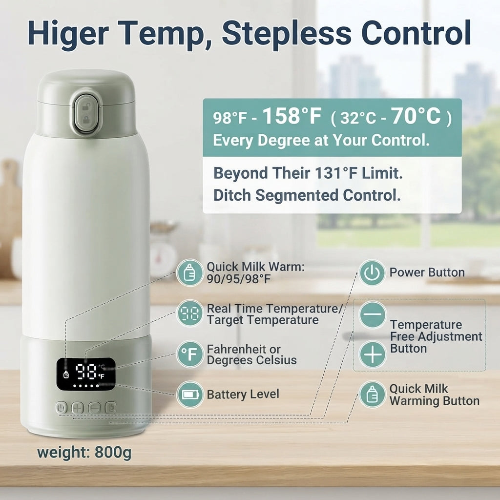 Portable Bottle Warmer for Travel,17oz Large Capacity, 2-Min Fast Heating for Breast Milk & Formula & Water, Keep Warm Function, Long Battery Life, Ideal for Heating Breast Milk and Water On-the-Go