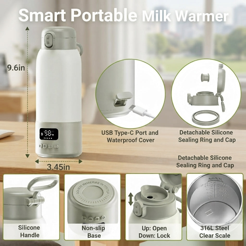 Portable Bottle Warmer for Travel,17oz Large Capacity, 2-Min Fast Heating for Breast Milk & Formula & Water, Keep Warm Function, Long Battery Life, Ideal for Heating Breast Milk and Water On-the-Go