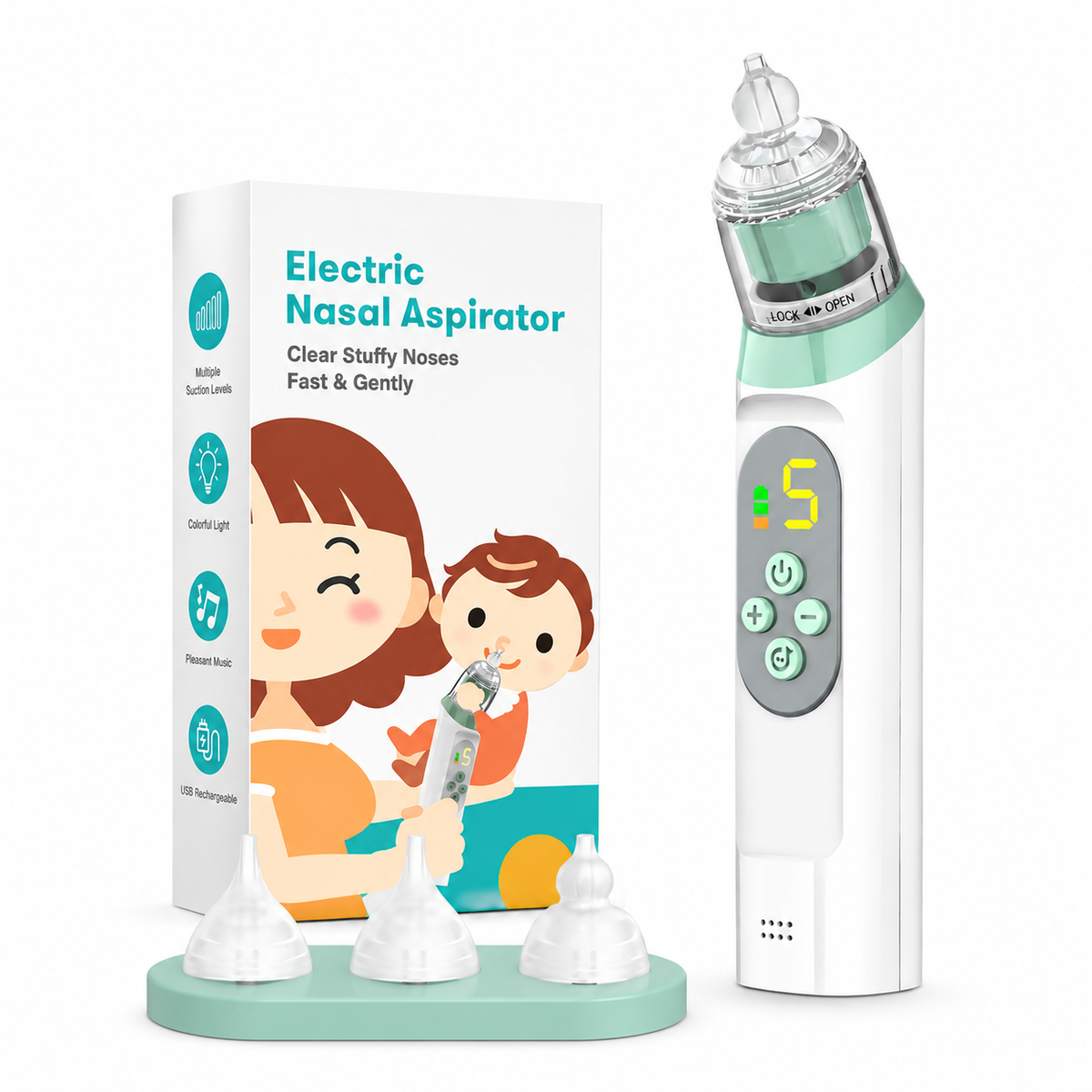 Baby Nasal Aspirator, Waterproof Baby Nose Sucker, Nose Cleaner with 3 Silicone Tips, Adjustable Suction Level, Music and Light Soothing Function