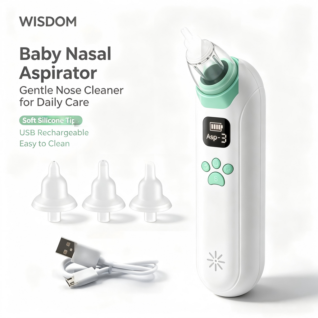 Baby Nasal Aspirator with Adjustable Suction, Silicone Tips, Light & Music, Portable Nose Care Device