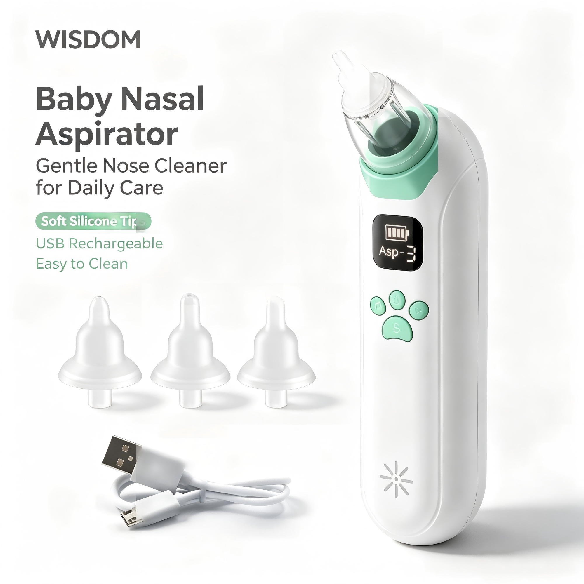 Baby Nasal Aspirator with Adjustable Suction, Silicone Tips, Light & Music, Portable Nose Care Device