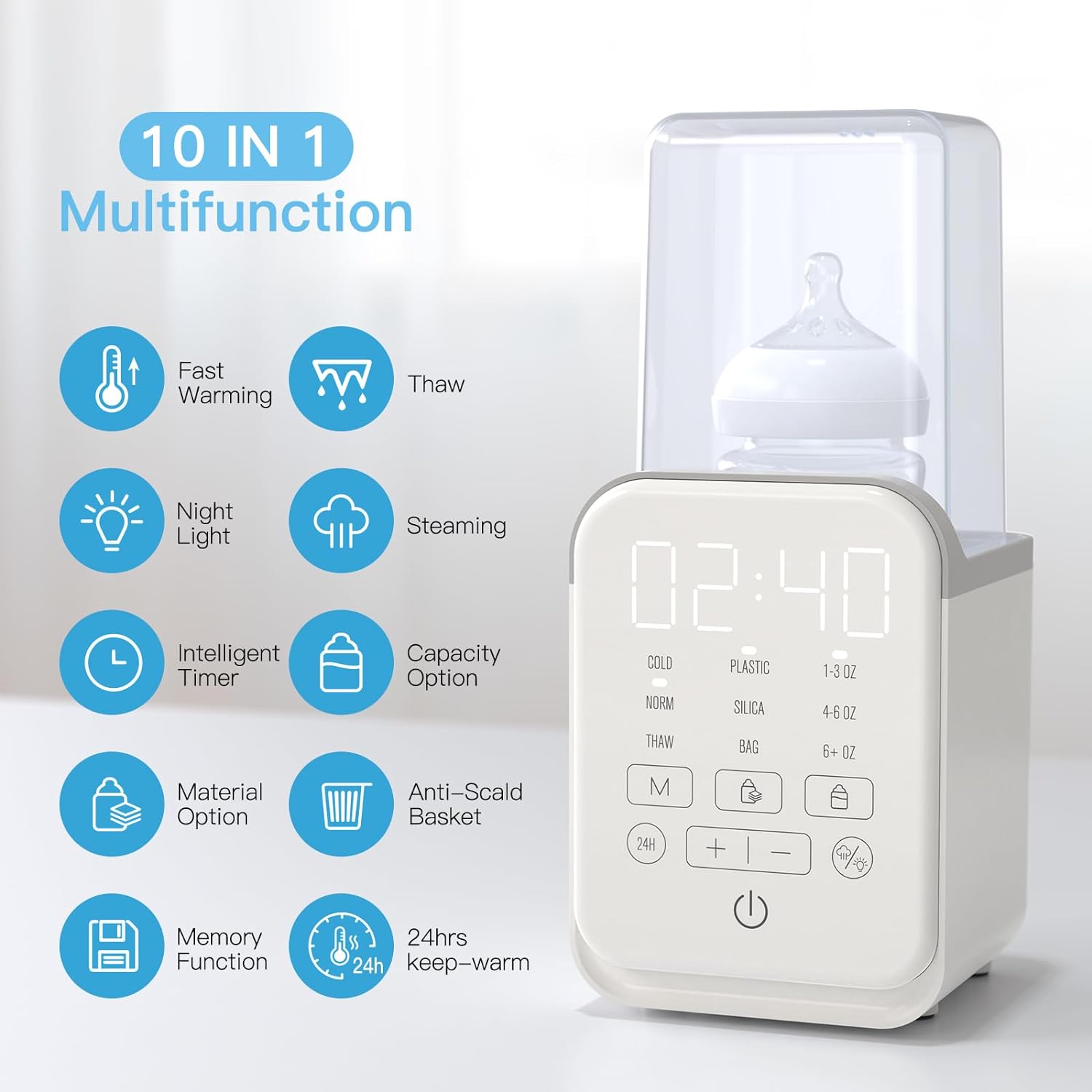 Baby Bottle Warmer, 8-in-1 Bottle Heating Machine with Adjustable Temperature, Timer Function and Digital Display for Home Use