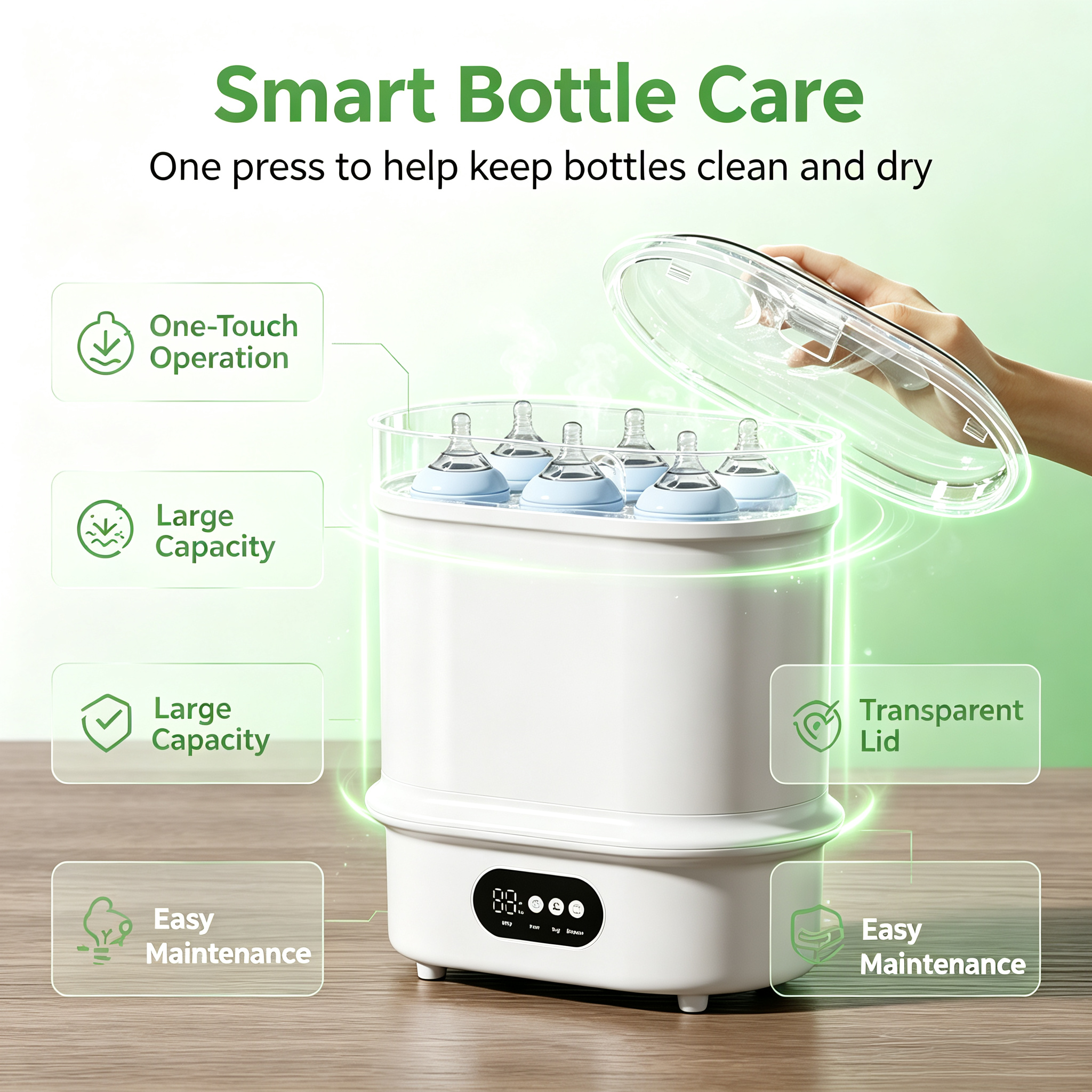 Baby Bottle Sterilizer and Dryer, Multi Function Steam Bottle Cleaner with Hot Air Drying and Timer Control for Home Use