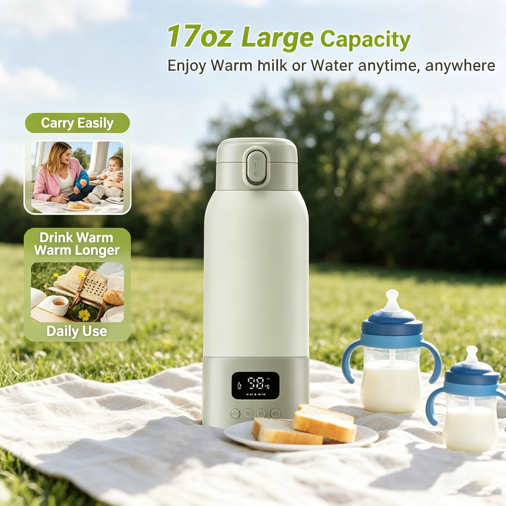 Portable Bottle Warmer, USB Rechargeable with Digital Display, 17 oz Capacity, 316L Stainless Steel Interior, Preset Temperature Options, Portable Design