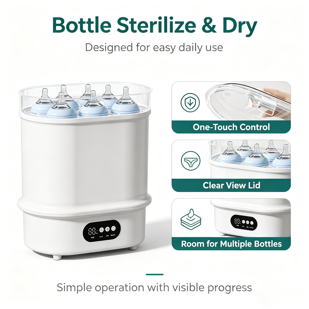 6-in-1 Baby Bottle Sterilizer and Dryer, Steam Cleaning Function with Hot Air Drying, Storage Mode and Digital Control for Home Use