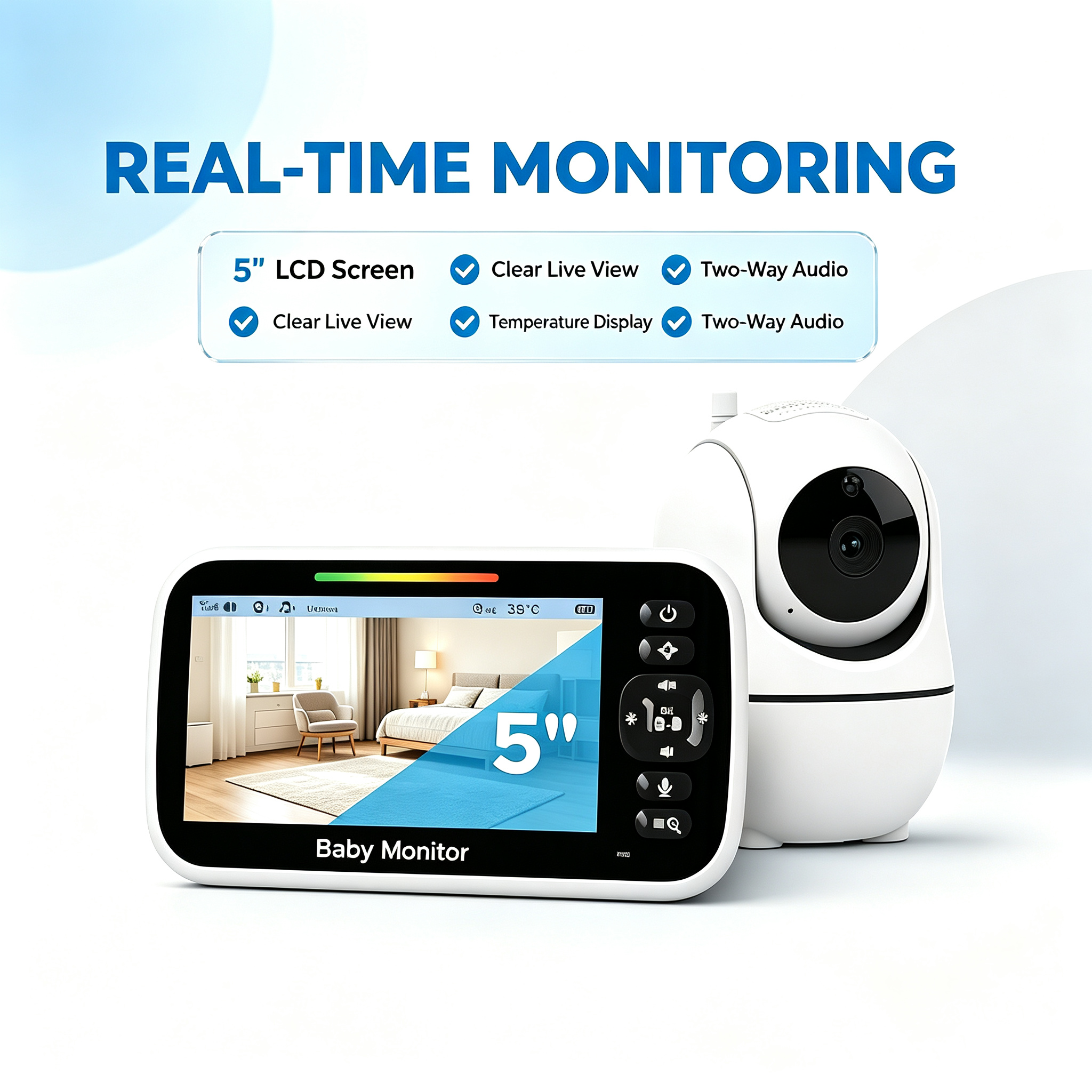Portable Video Baby Monitor with 5" Screen, Remote Camera Angle Control, Night Vision and Two-Way Audio