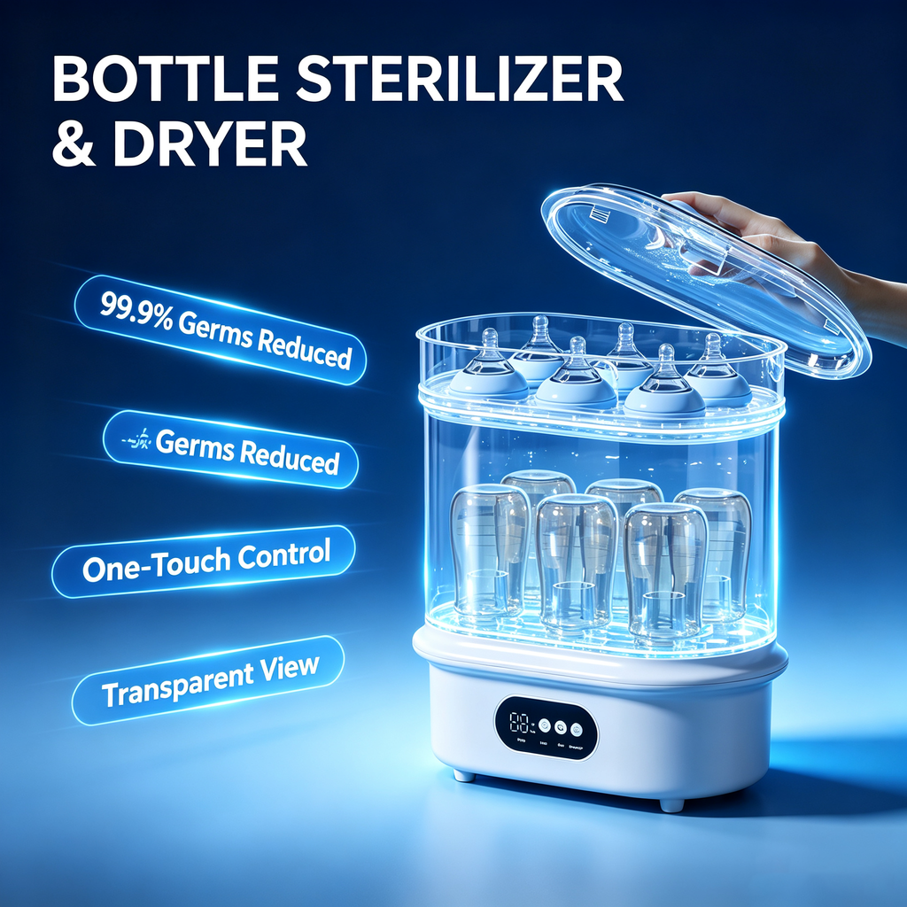 Electric Bottle Sterilizer and Dryer, Steam Function Bottle Cleaner with Hot Air Drying and Timer Settings for Home