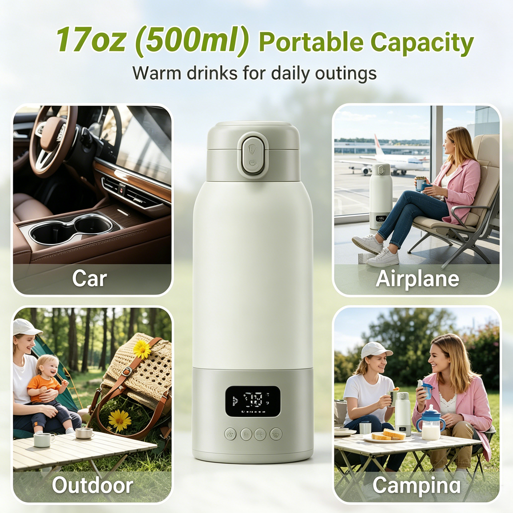 USB Rechargeable Portable Bottle Warmer with 17 oz Capacity, Digital Display, Adjustable Temperature, 316L Stainless Steel Interior