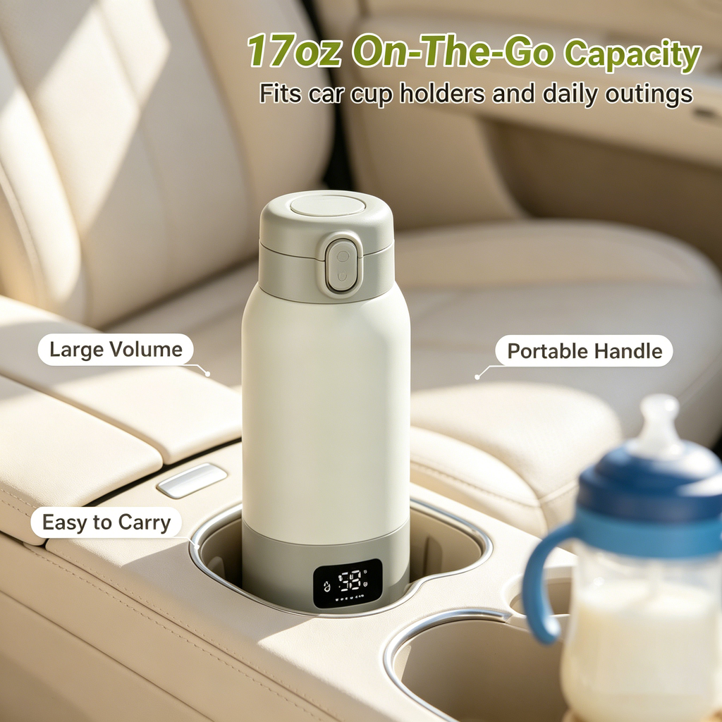 Portable Bottle Warmer with Adjustable Temperature, USB Rechargeable, Digital Display, 17 oz Capacity, 316L Stainless Steel Interior