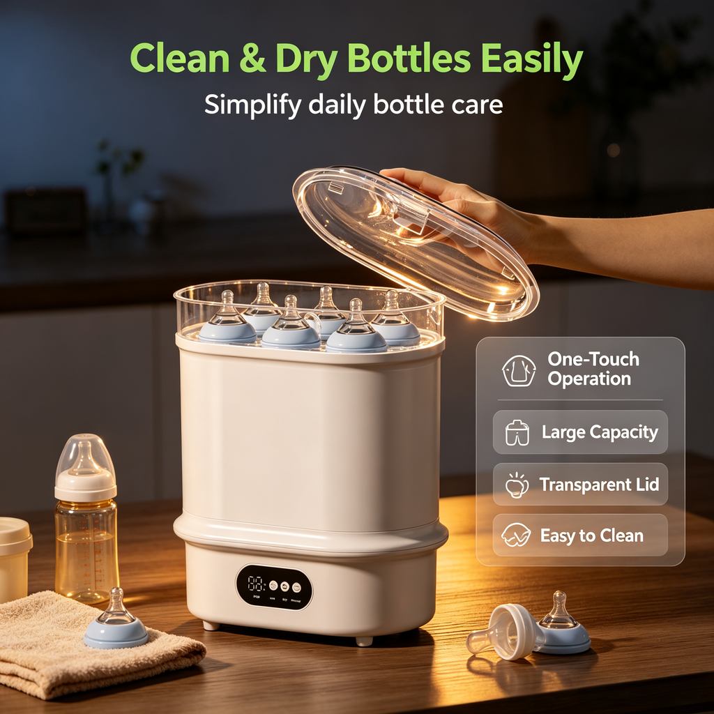 6-in-1 Baby Bottle Sterilizer and Dryer, Steam Cleaning Function with Hot Air Drying, Storage Mode and Digital Control for Home Use