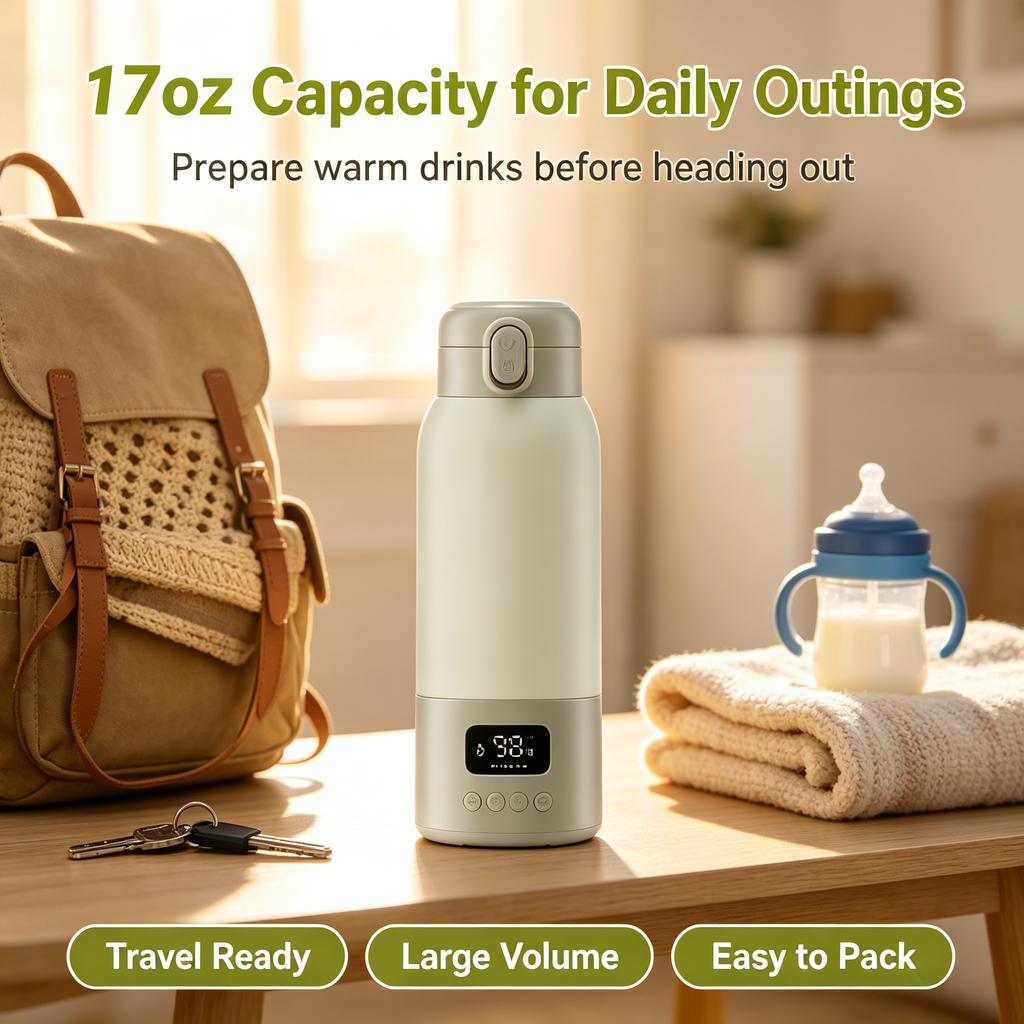 Portable Bottle Warmer, Digital Display, USB Rechargeable, 316L Stainless Steel Interior, 17 oz Capacity, Preset Temperature Options