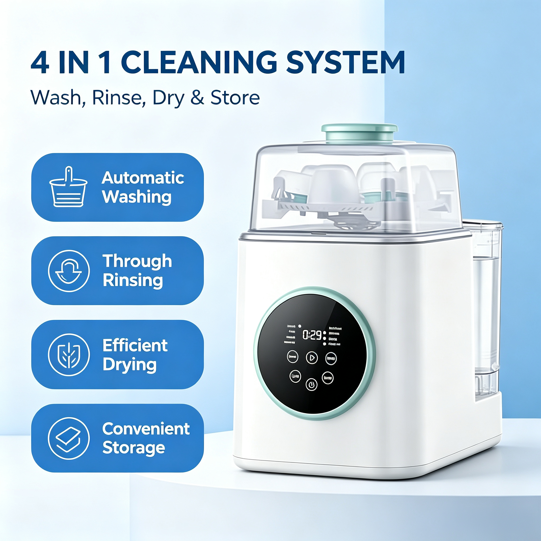 All-in-One Baby Bottle Washer and Dryer, Automatic Cleaning Machine with Drying and Storage Functions for Bottles and Accessories