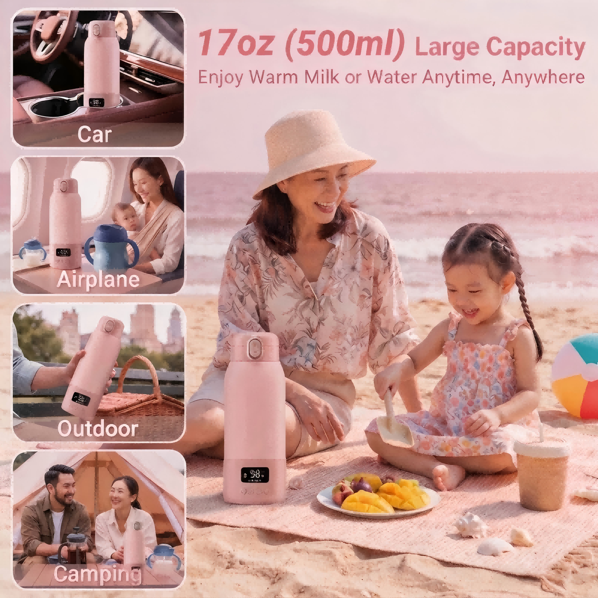 Portable Bottle Warmer, 17oz Capacity, 100W Heating Element, 316L Stainless Steel Lining, 16000mAh Battery, 98–158°F Range
