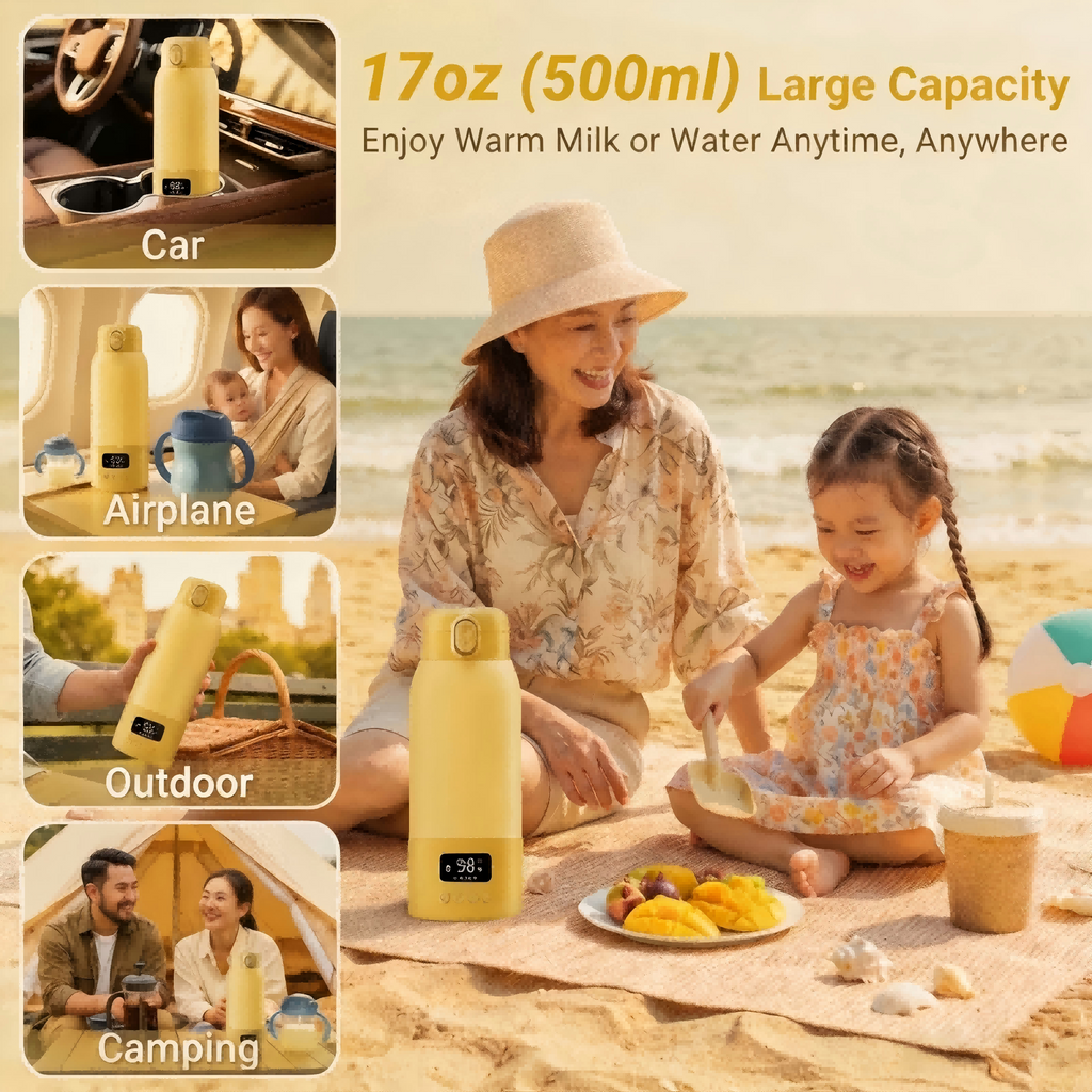 USB Rechargeable Portable Bottle Warmer with 17 oz Capacity, Digital Display, Adjustable Temperature, 316L Stainless Steel Interior
