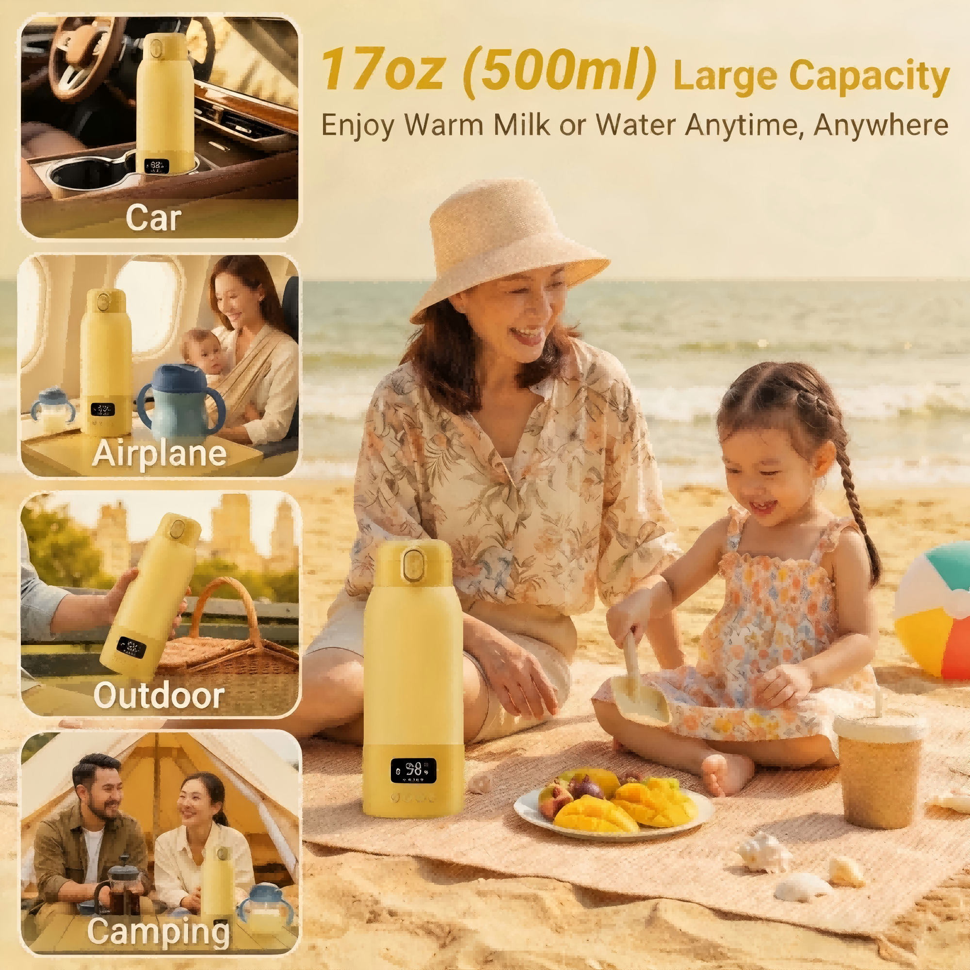 USB Rechargeable Portable Bottle Warmer with 17 oz Capacity, Digital Display, Adjustable Temperature, 316L Stainless Steel Interior