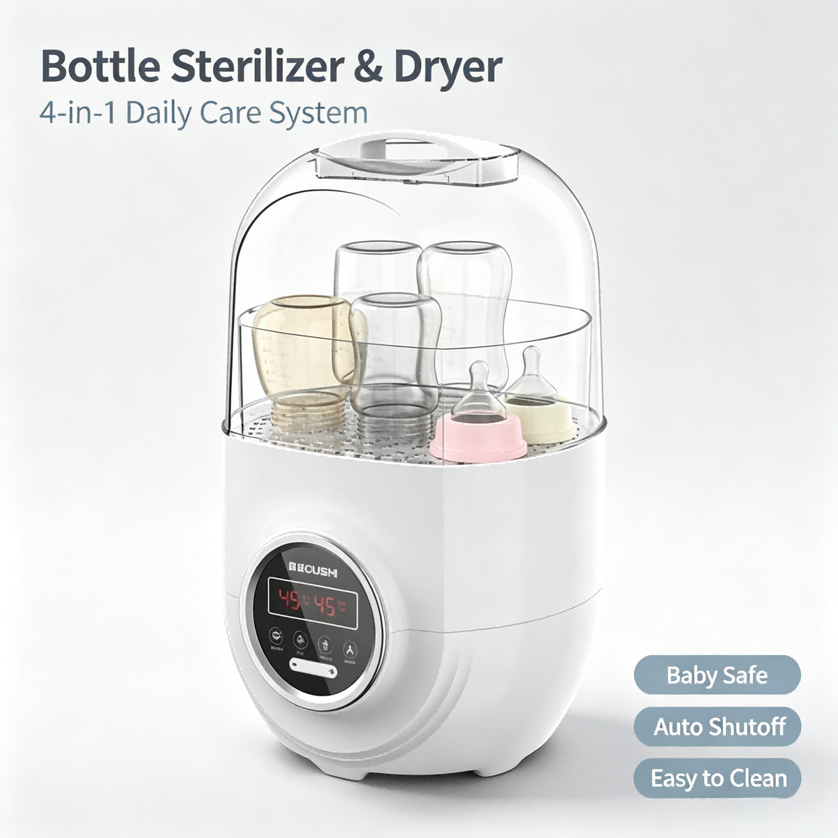 3-in-1 Baby Bottle Steam Cleaner and Dryer, Hot Air Drying, Storage Mode, Digital Control for Home Use