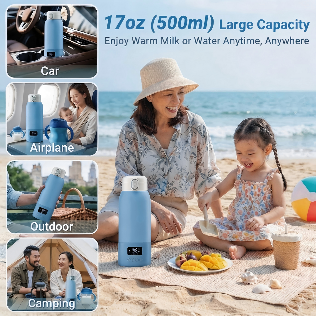 Portable Bottle Warmer, 17 oz Capacity, 316L Stainless Steel Interior, USB Rechargeable, Digital Display, Preset Temperature Options