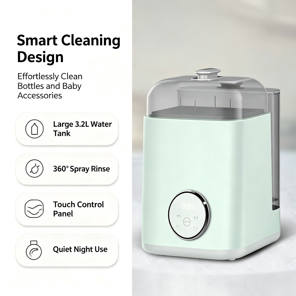 Baby Bottle Washer and Dryer, Automatic Cleaning Machine with Drying and Storage Functions for Bottles and Accessories