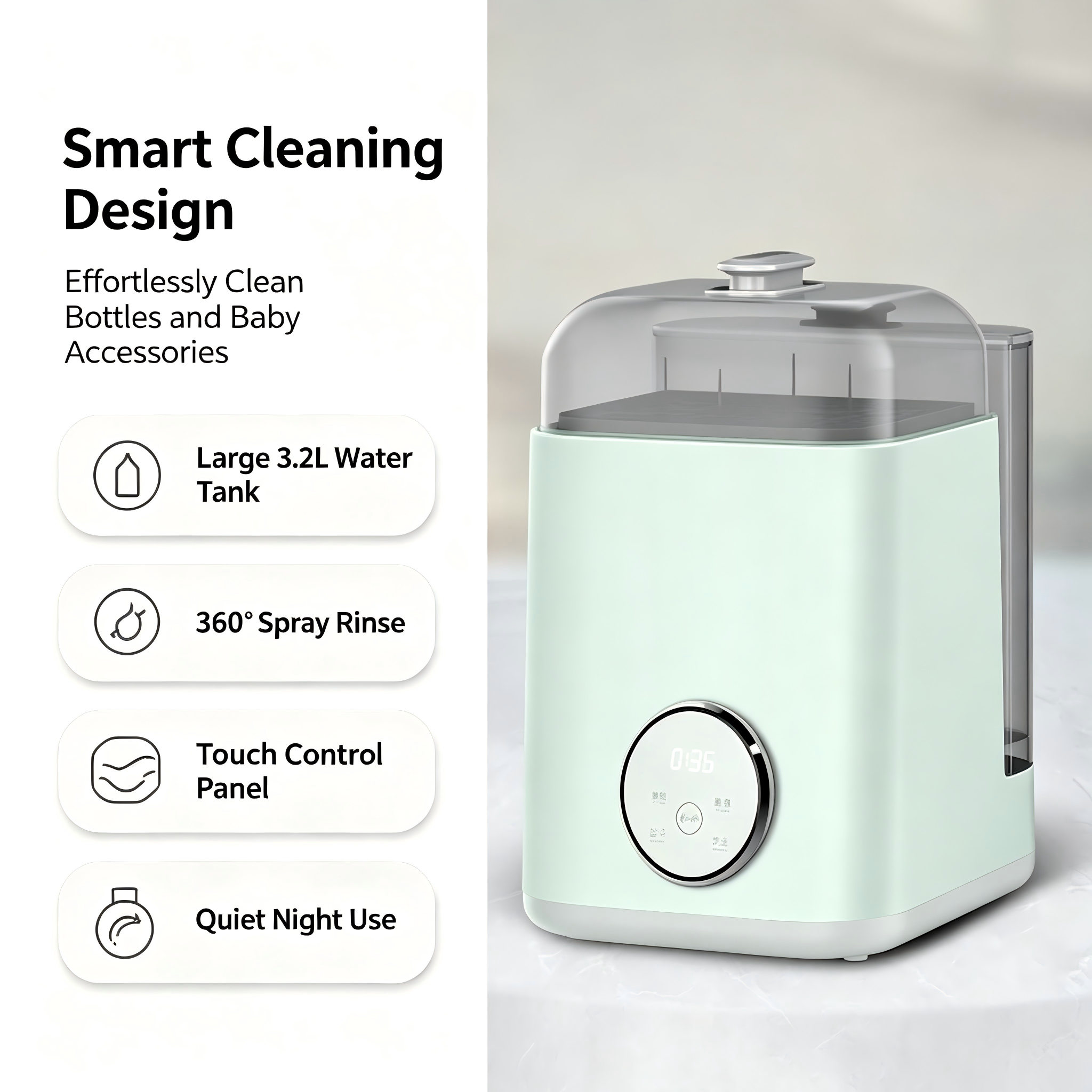 Baby Bottle Washer and Dryer, Automatic Cleaning Machine with Drying and Storage Functions for Bottles and Accessories
