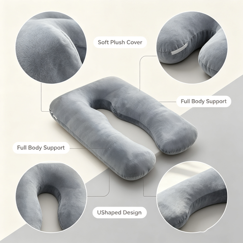 57 Inch U-Shaped Full Body Maternity Pillow with Removable Washable Cover, Grey Pregnancy Support Pillow
