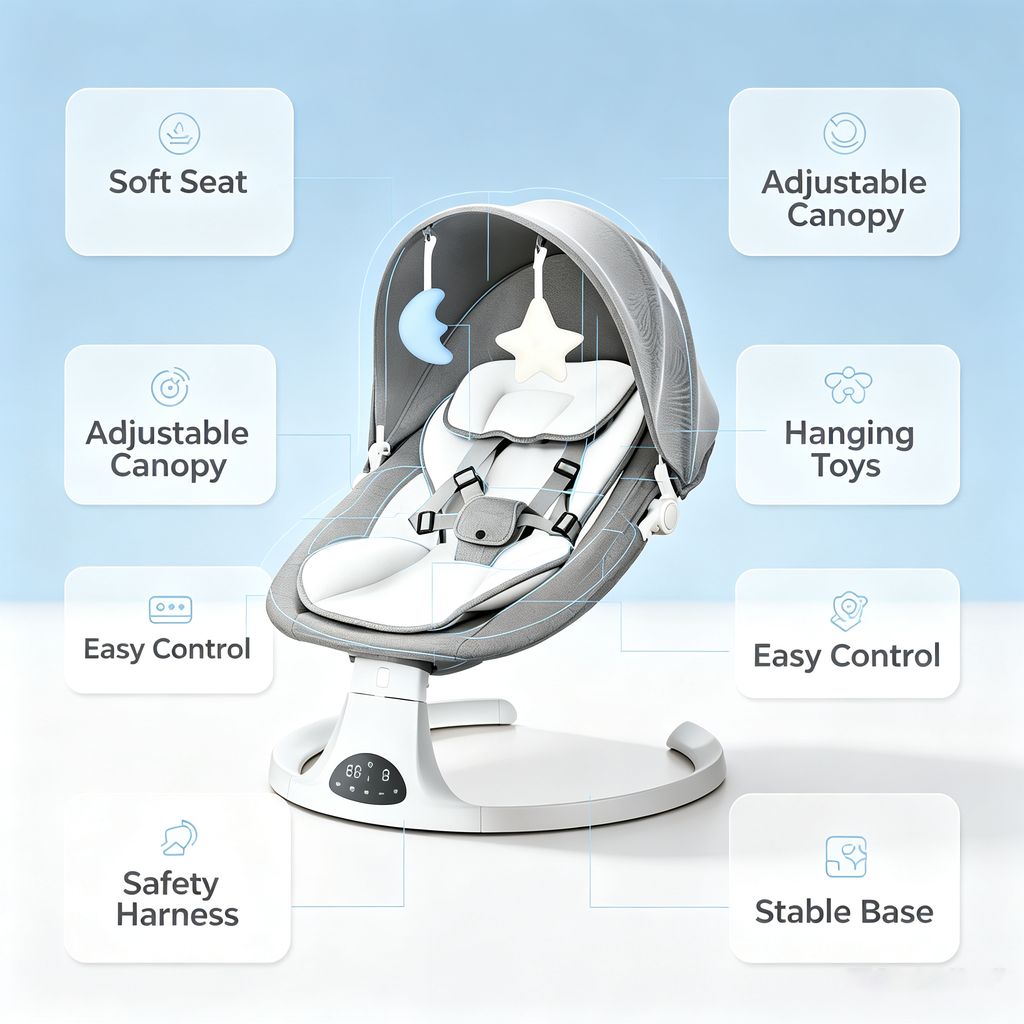 Electric Baby Rocker Swing with Remote Control, Adjustable Rocking Modes, Bluetooth Music, Timer Function, Soft Seat for Home Use