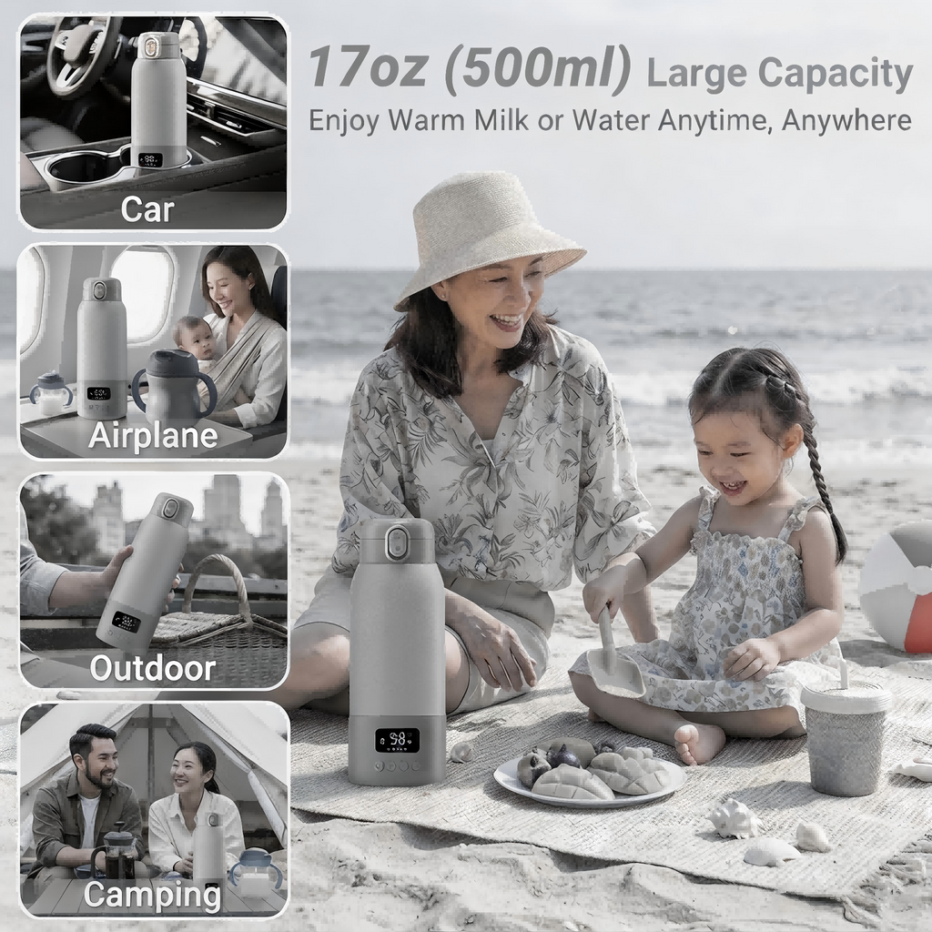 Portable Baby Bottle Warmer, 17oz Capacity, 316L Stainless Steel Interior, Rechargeable Battery, Adjustable Temperature Settings, Digital Display