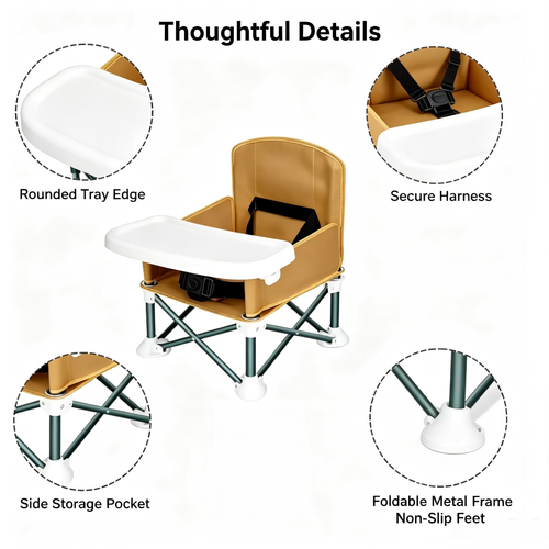 3-in-1 Portable Toddler Booster Seat, Foldable Baby Chair with Detachable Tray, Carry Bag and Adjustable Design for Home & Travel