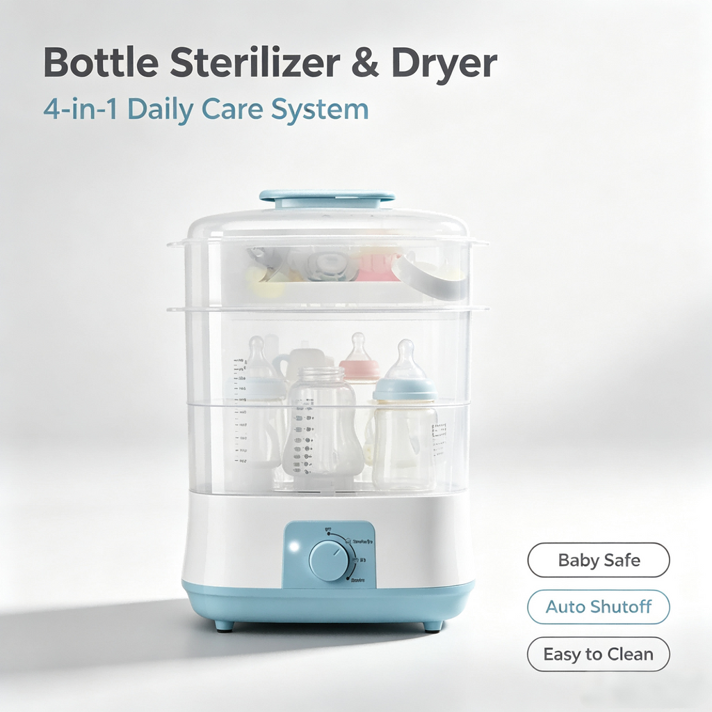 4-in-1 Baby Bottle Cleaning and Drying Machine, Steam Clean, Hot Air Dry, Storage Mode with Digital Timer
