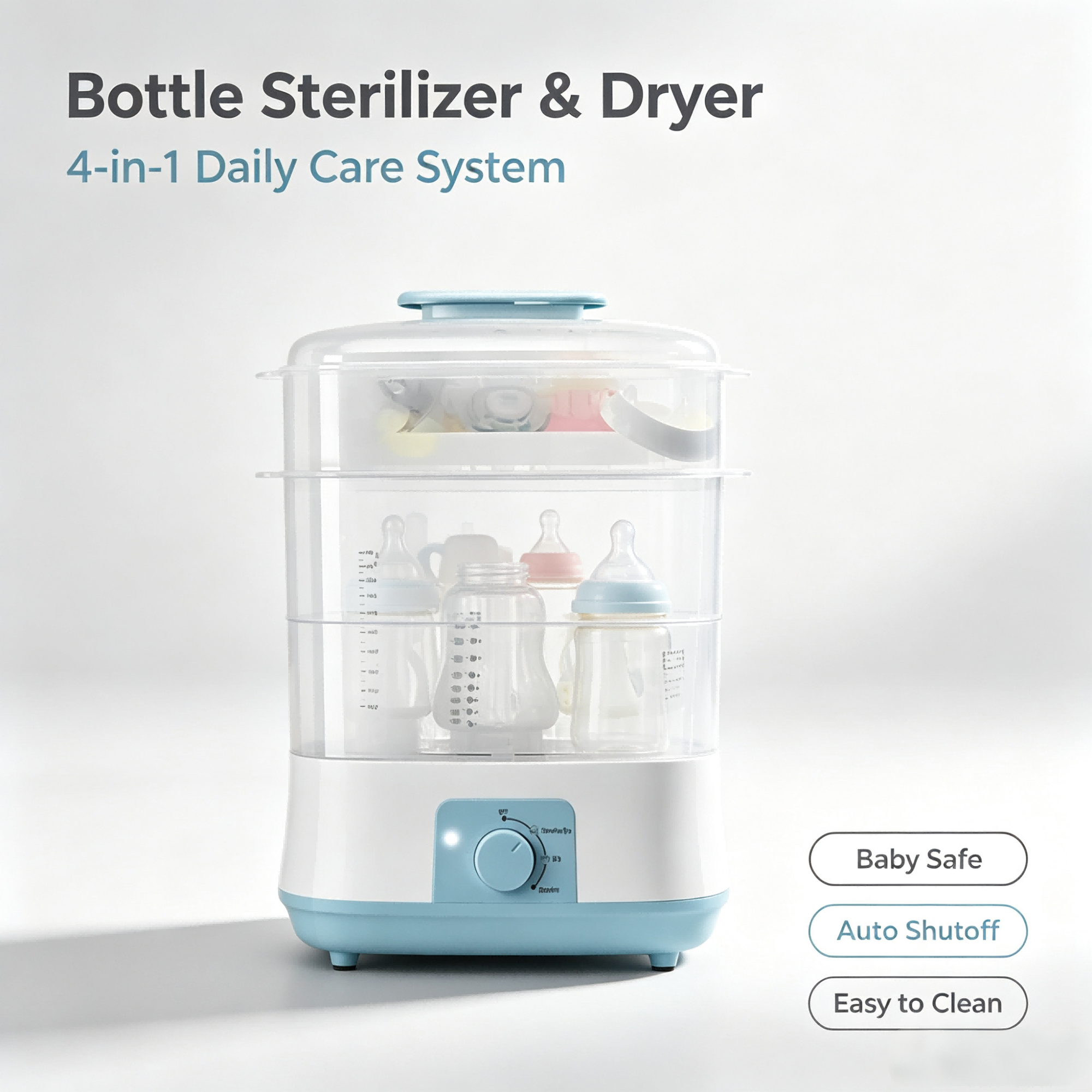 4-in-1 Baby Bottle Cleaning and Drying Machine, Steam Clean, Hot Air Dry, Storage Mode with Digital Timer