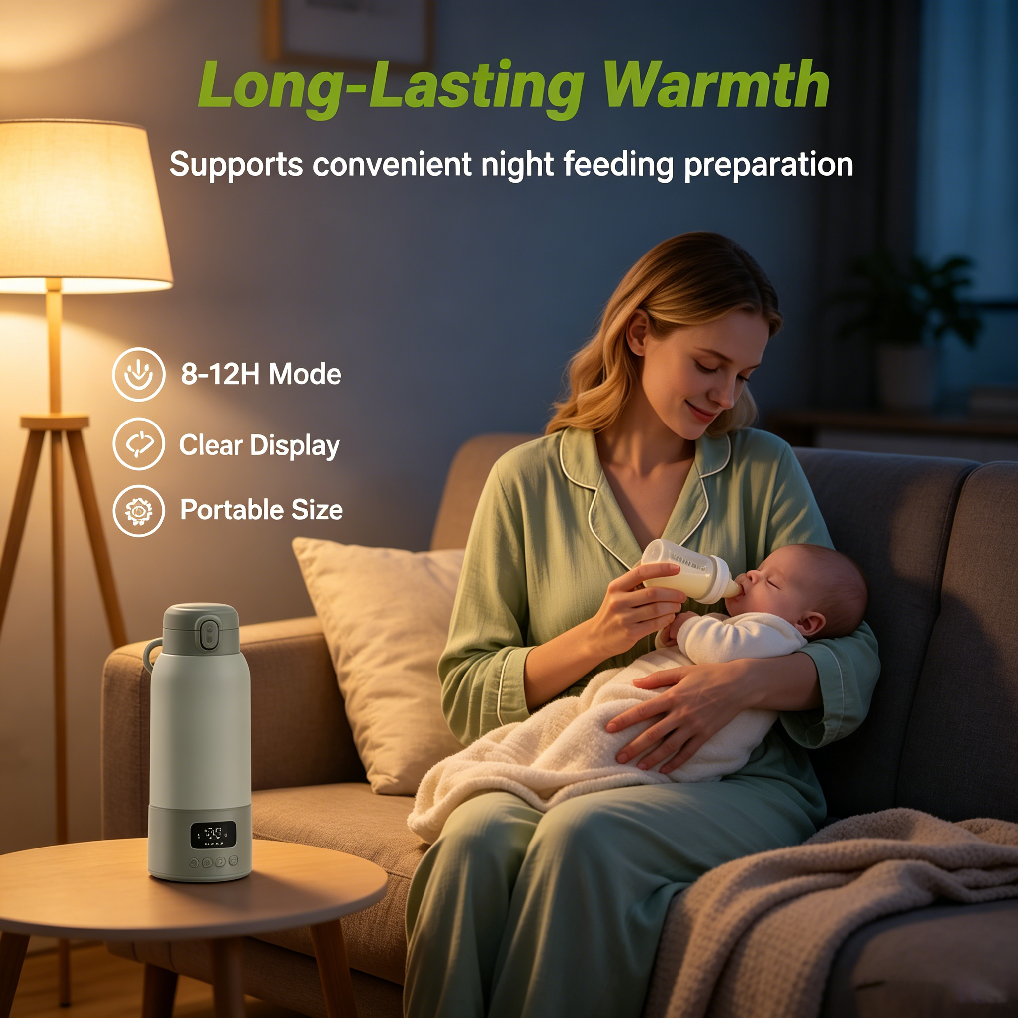 Portable Bottle Warmer, USB Rechargeable with Digital Display, 17 oz Capacity, 316L Stainless Steel Interior, Preset Temperature Options, Portable Design