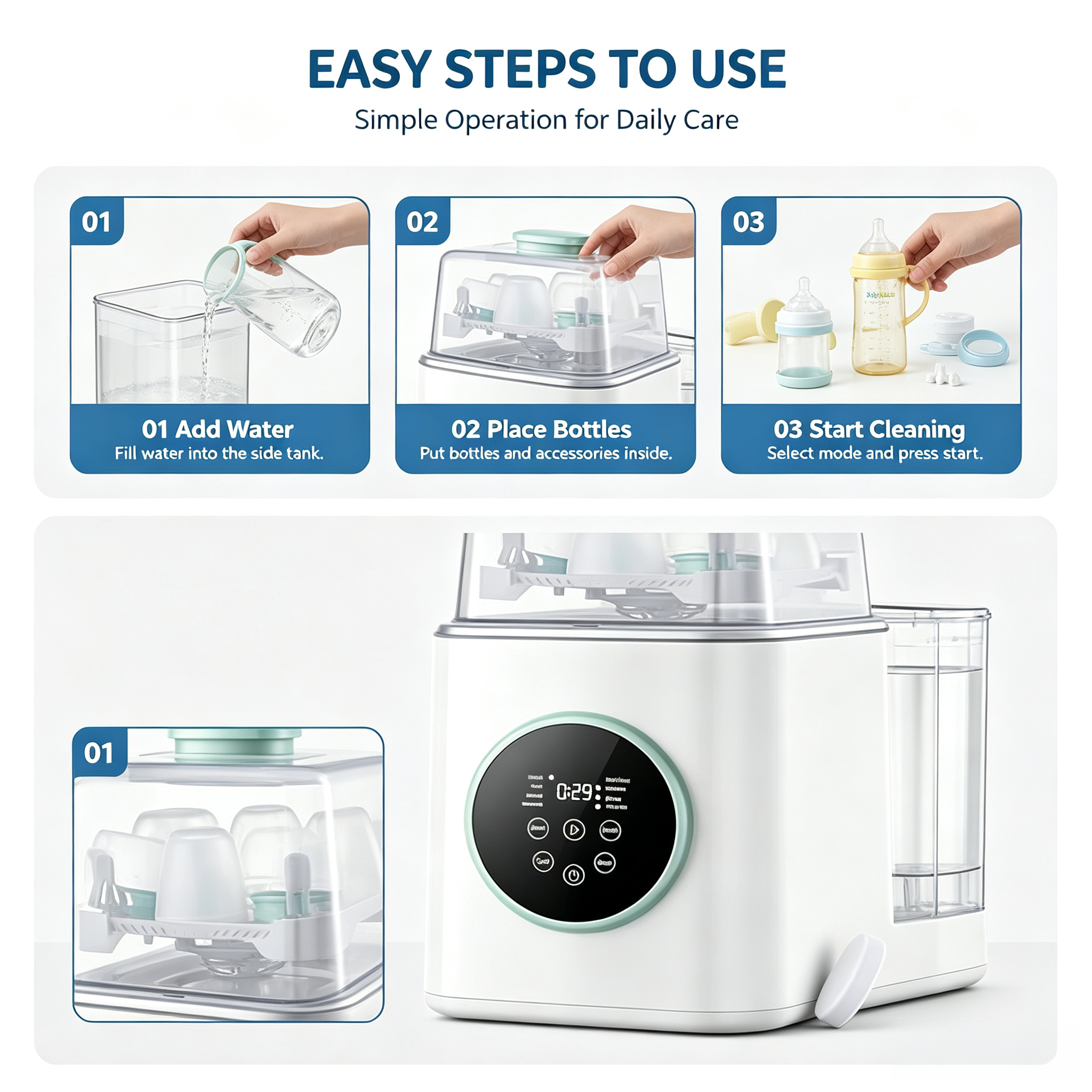 All-in-One Baby Bottle Washer and Dryer, Automatic Cleaning Machine with Drying and Storage Functions for Bottles and Accessories
