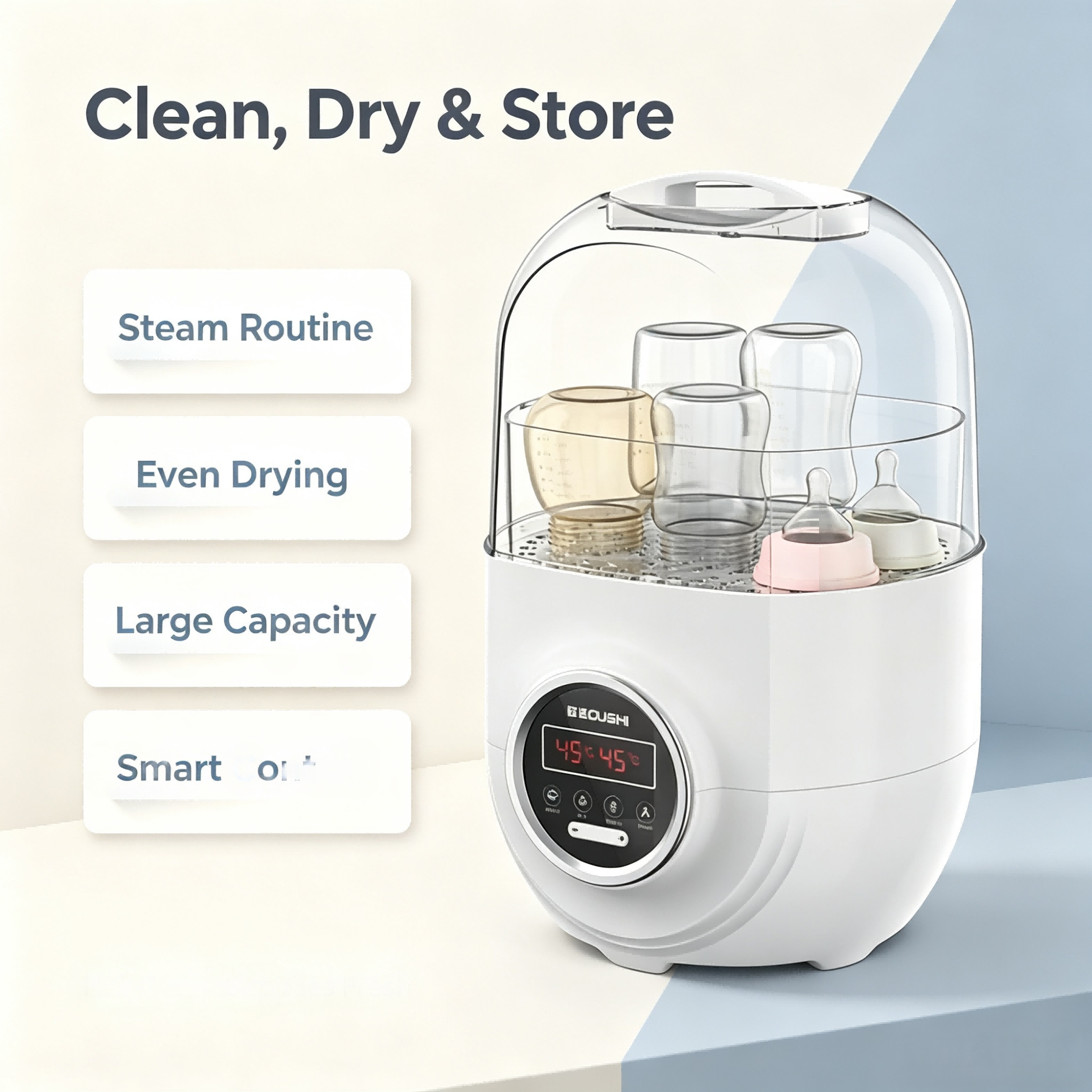 3-in-1 Baby Bottle Steam Cleaner and Dryer, Hot Air Drying, Storage Mode, Digital Control for Home Use