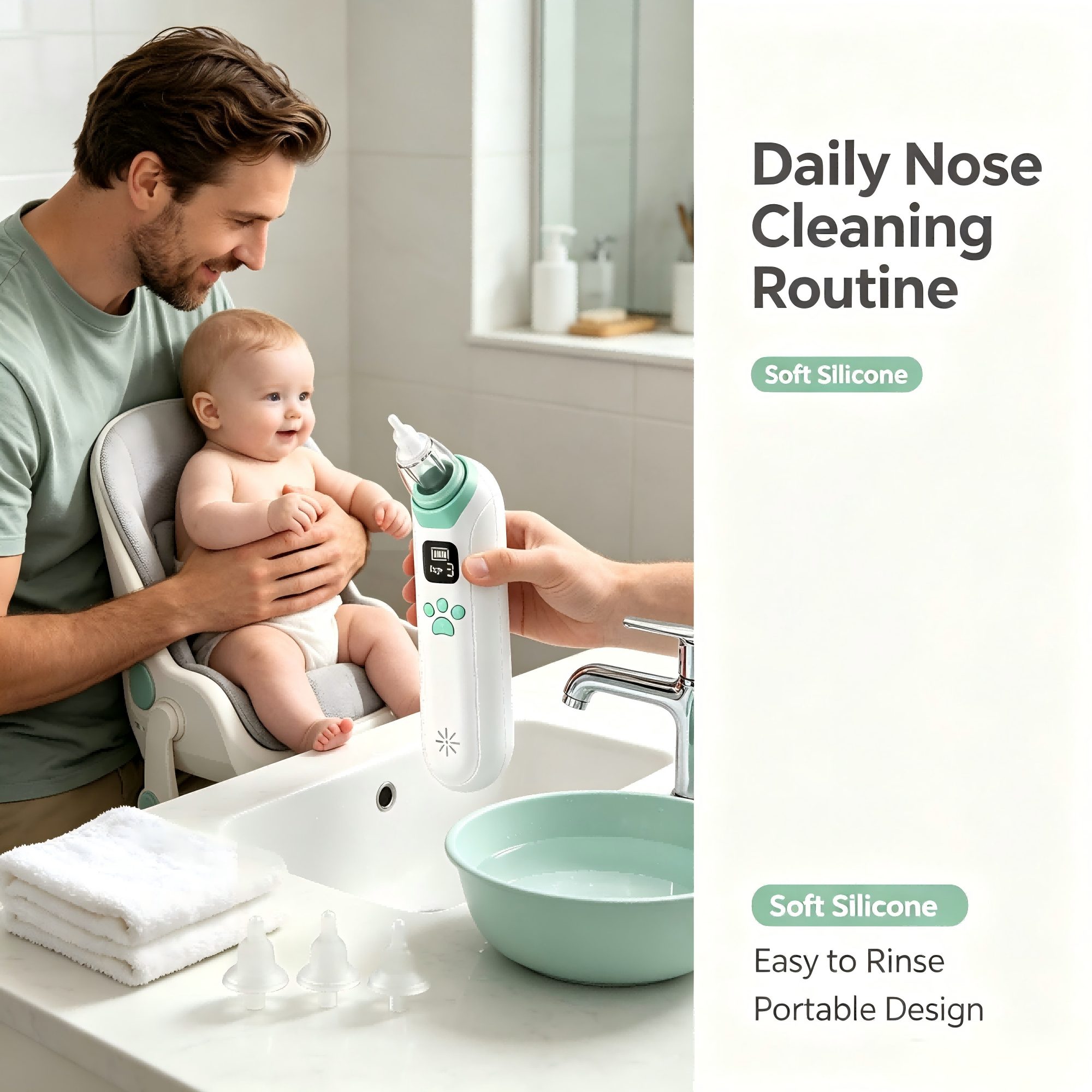 Baby Nasal Aspirator with Adjustable Suction, Silicone Tips, Light & Music, Portable Nose Care Device