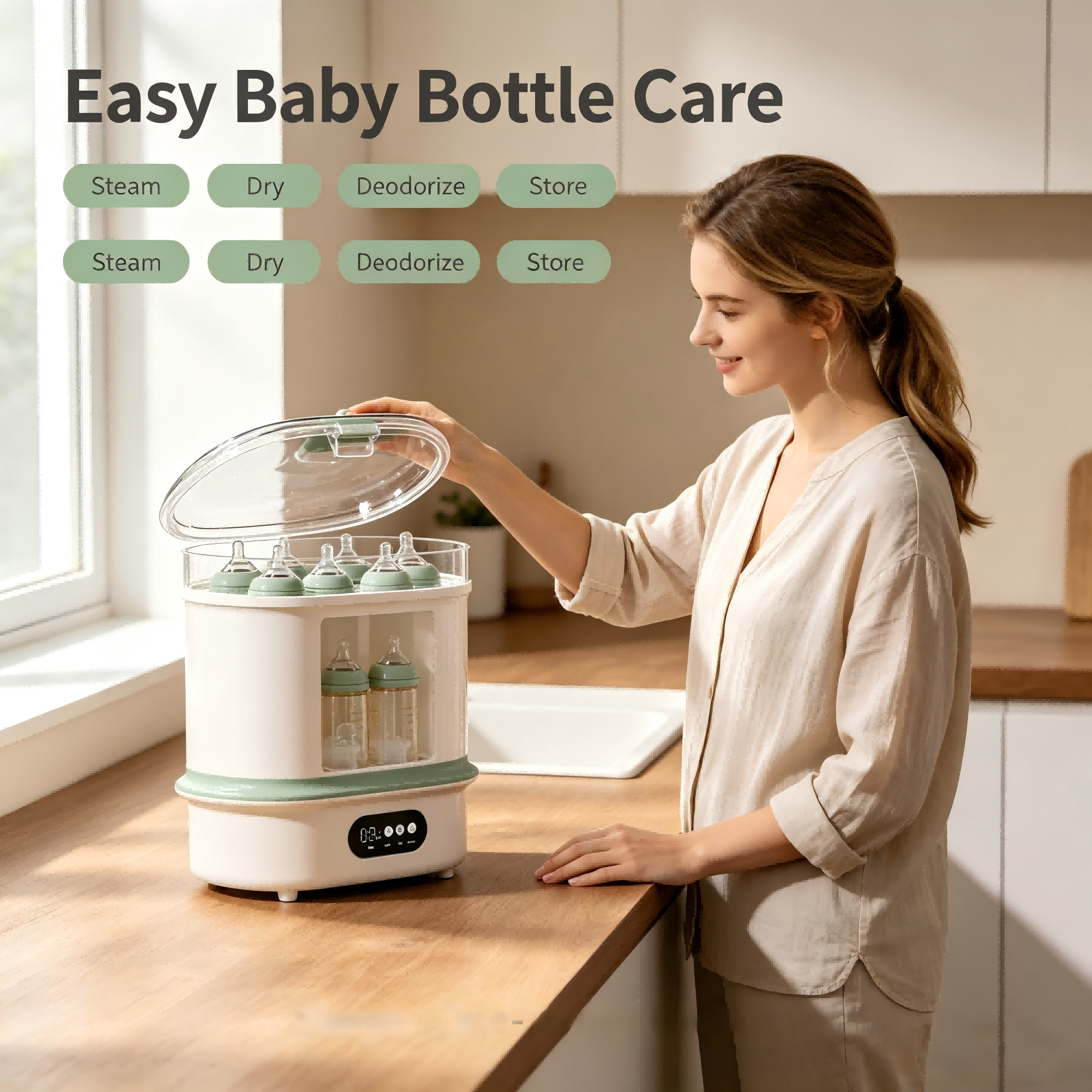 Baby Bottle Sterilizer, Dryer and Warmer with Steam Function, Hot Air Drying, Digital Timer