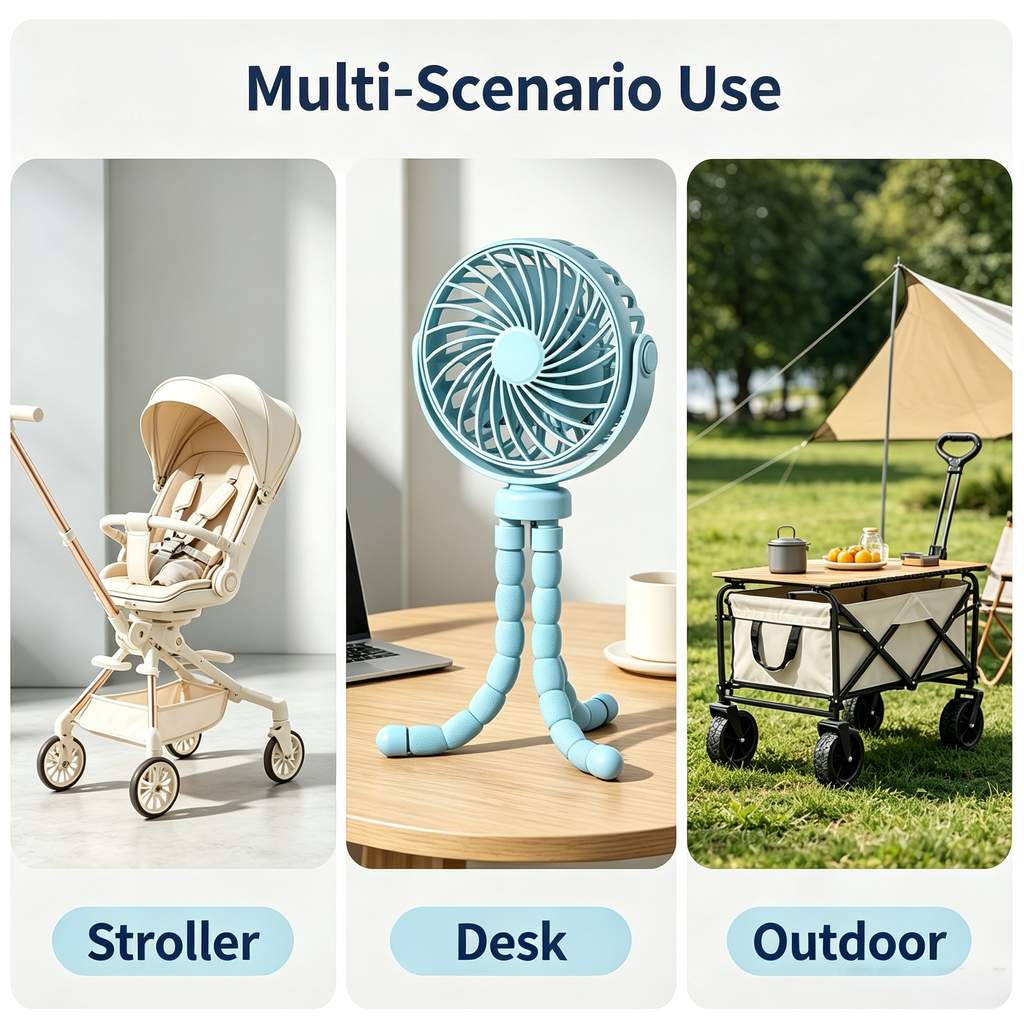 Rechargeable Portable Stroller Fan with Bendable Tripod Legs, Adjustable Wind Speeds, Rotatable Head and USB-C Charging