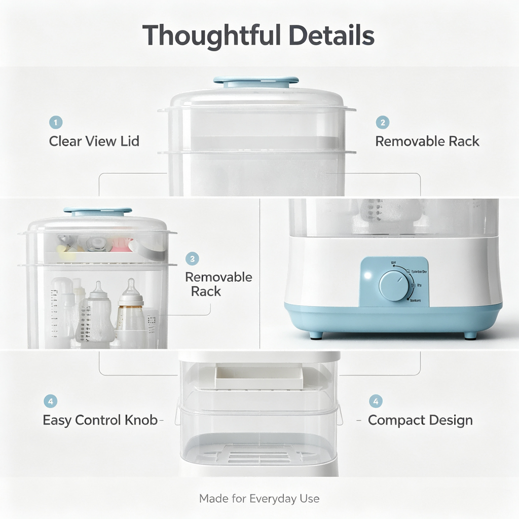 4-in-1 Baby Bottle Cleaning and Drying Machine, Steam Clean, Hot Air Dry, Storage Mode with Digital Timer