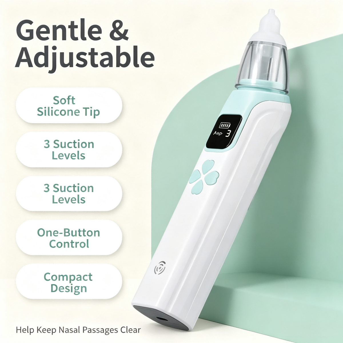 Baby Nasal Aspirator with Adjustable Suction, Silicone Tips, Light & Music, Rechargeable Portable Nose Cleaning