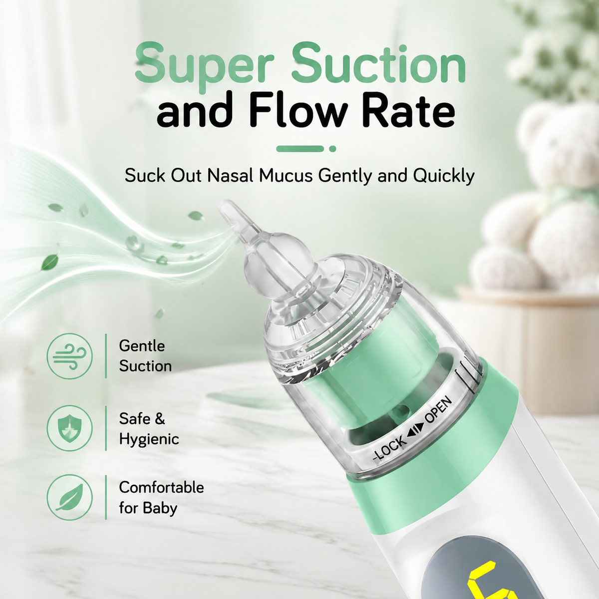 Baby Nasal Aspirator, Waterproof Baby Nose Sucker, Nose Cleaner with 3 Silicone Tips, Adjustable Suction Level, Music and Light Soothing Function