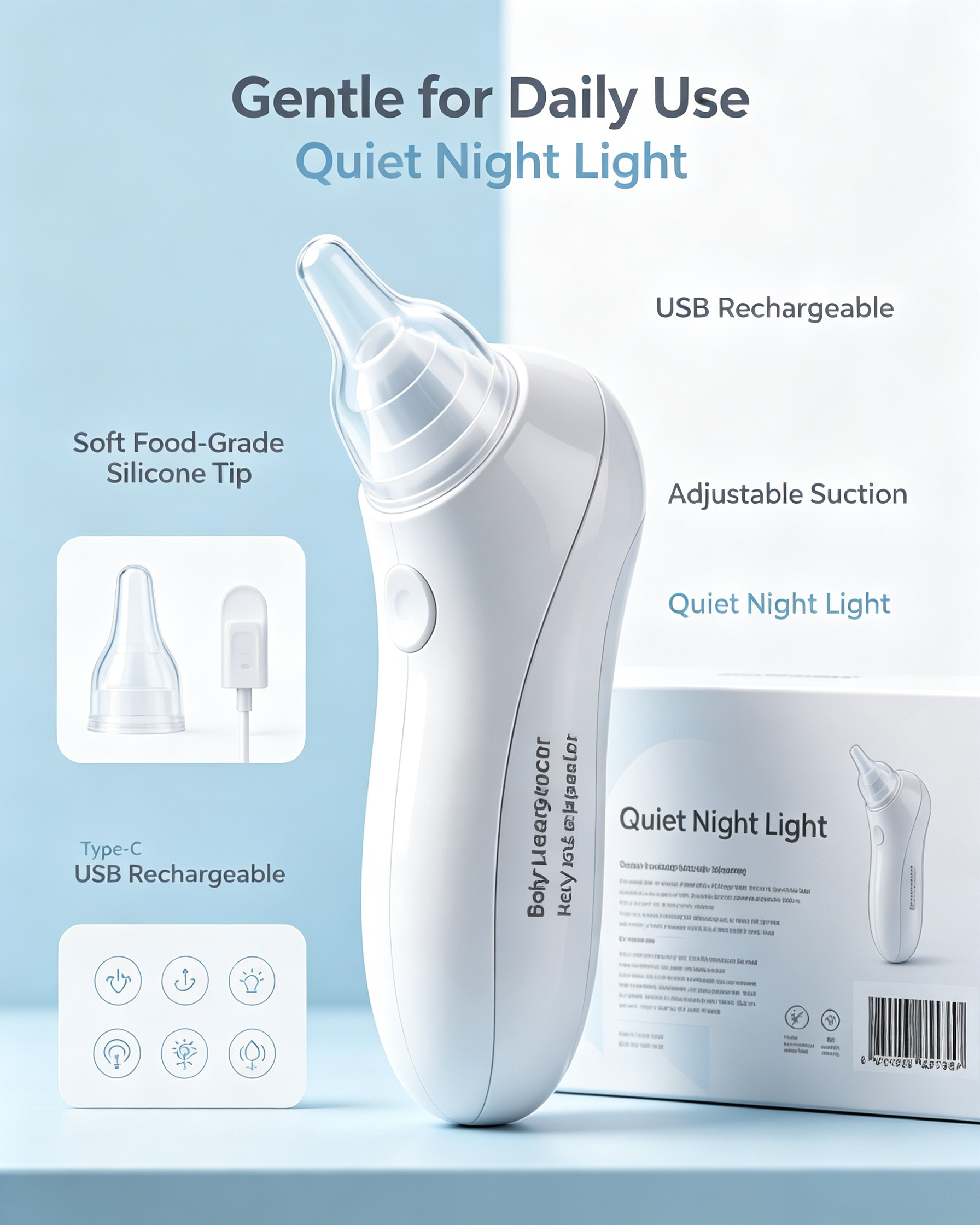 Rechargeable Baby Nasal Aspirator with Adjustable Suction, Silicone Tips, Light & Music, Portable Nose Care Device