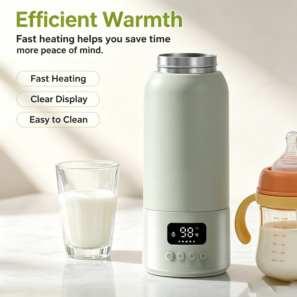 Portable Bottle Warmer, Digital Display, USB Rechargeable, 316L Stainless Steel Interior, 17 oz Capacity, Preset Temperature Options