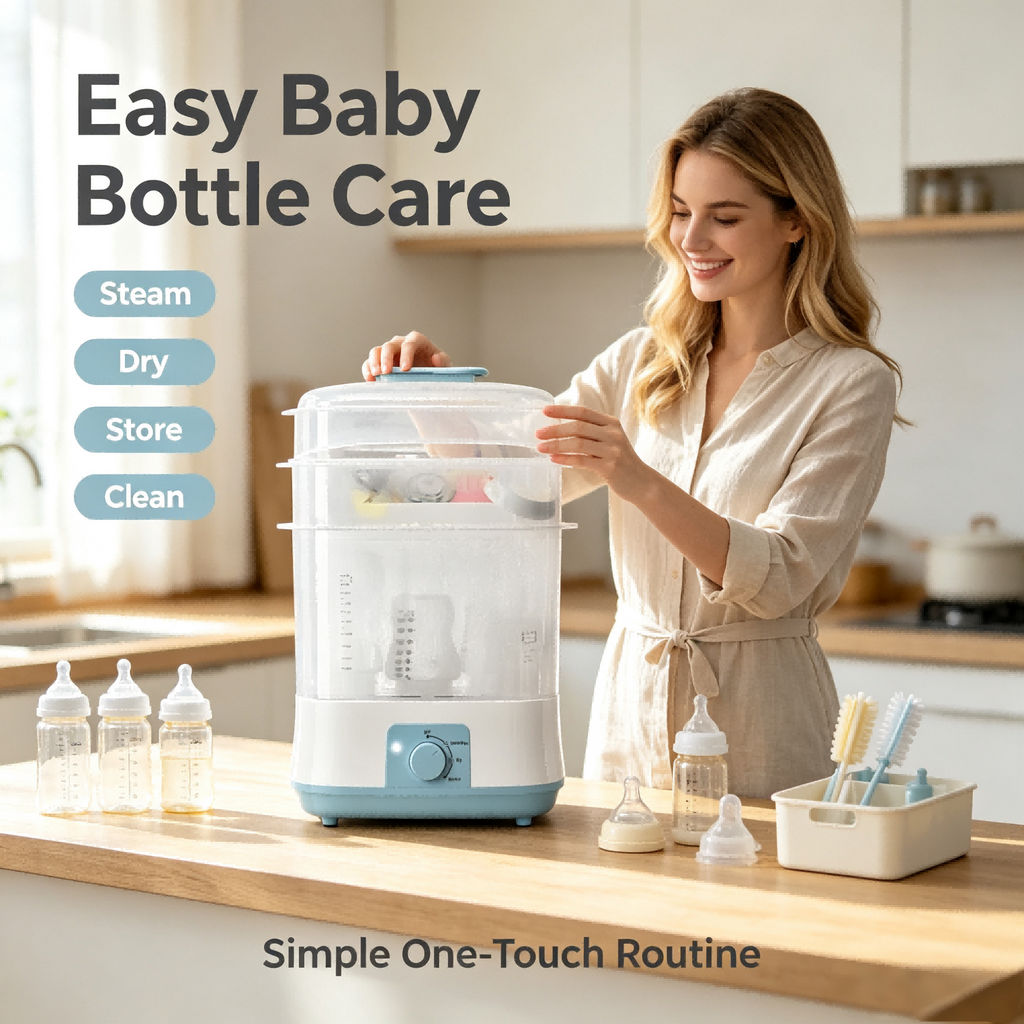 4-in-1 Baby Bottle Cleaning and Drying Machine, Steam Clean, Hot Air Dry, Storage Mode with Digital Timer