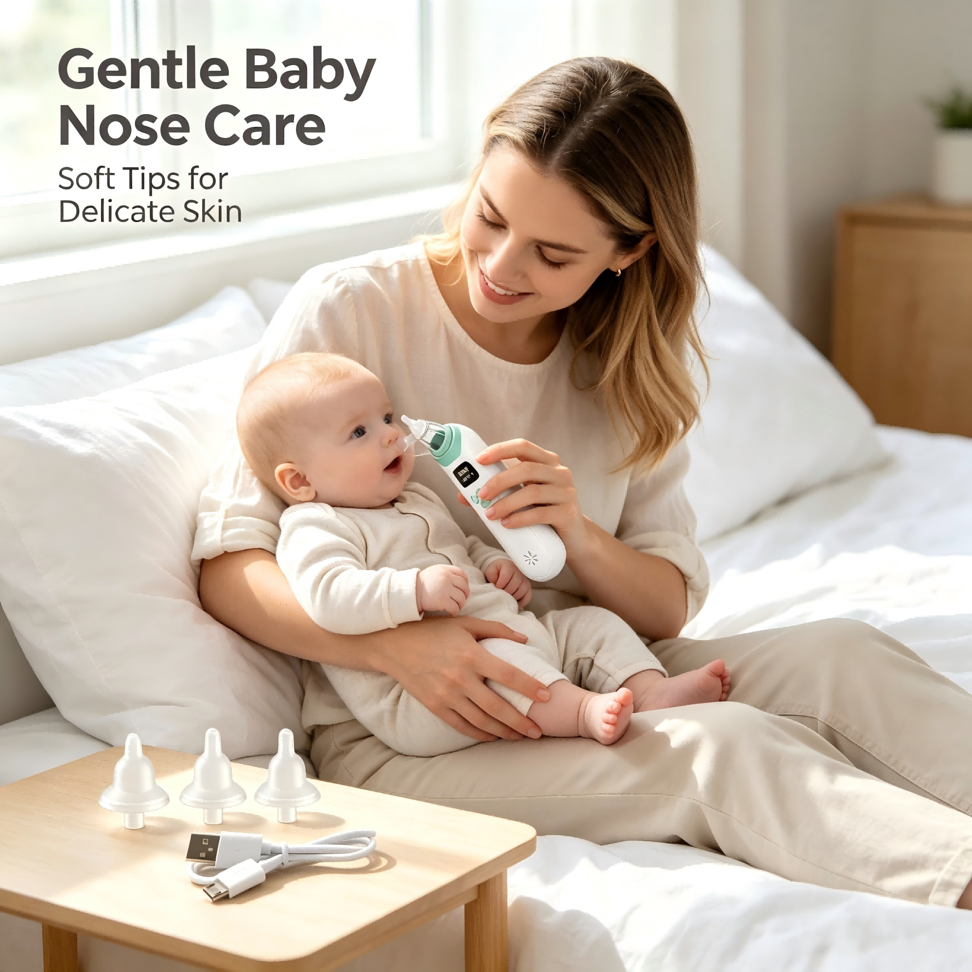 Baby Nasal Aspirator with Adjustable Suction, Silicone Tips, Light & Music, Portable Nose Care Device