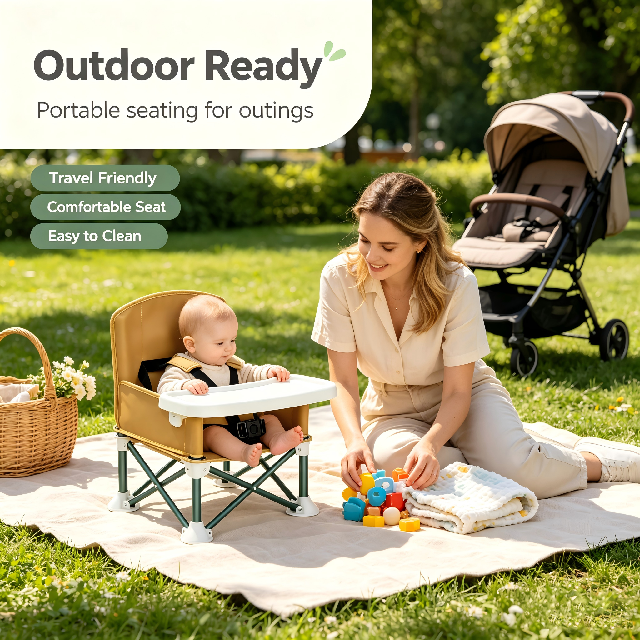 3-in-1 Portable Toddler Booster Seat, Foldable Baby Chair with Detachable Tray, Carry Bag and Adjustable Design for Home & Travel