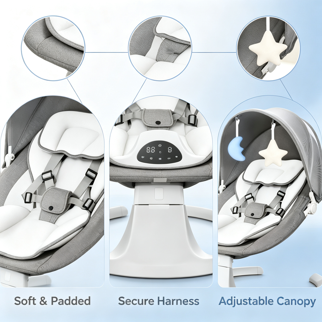 Electric Baby Rocker Swing with Remote Control, Adjustable Rocking Modes, Bluetooth Music, Timer Function, Soft Seat for Home Use
