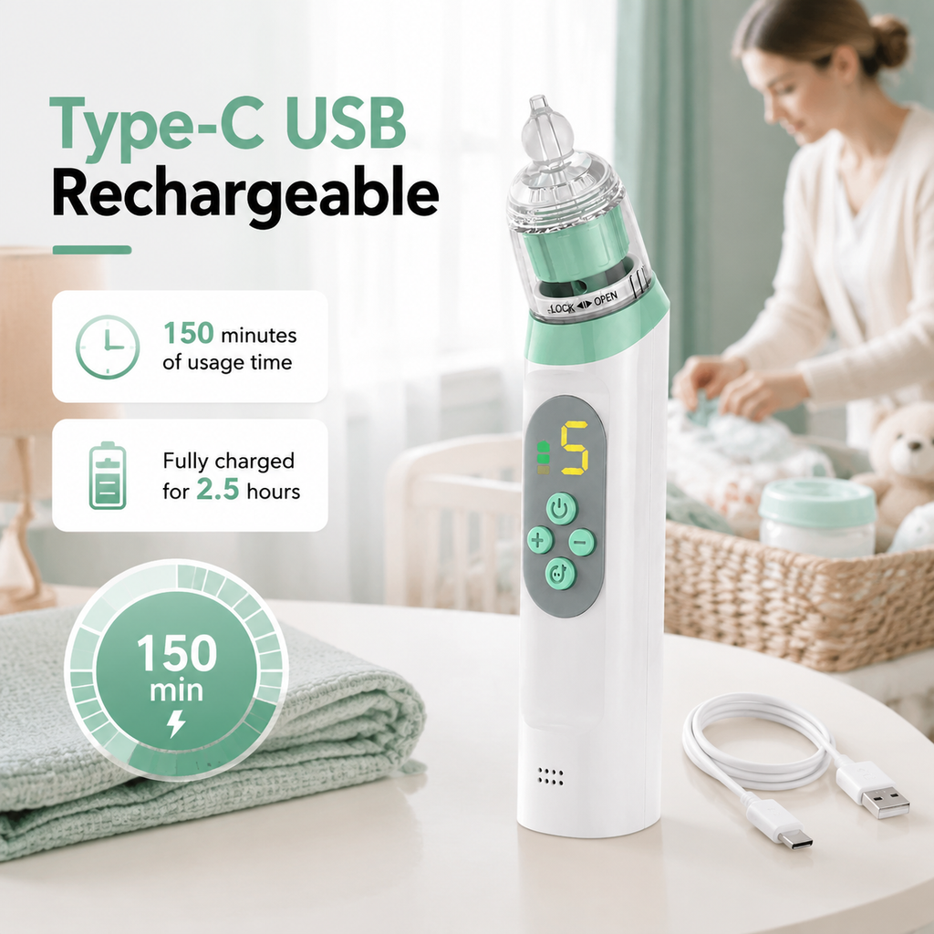 Baby Nasal Aspirator, Waterproof Baby Nose Sucker, Nose Cleaner with 3 Silicone Tips, Adjustable Suction Level, Music and Light Soothing Function