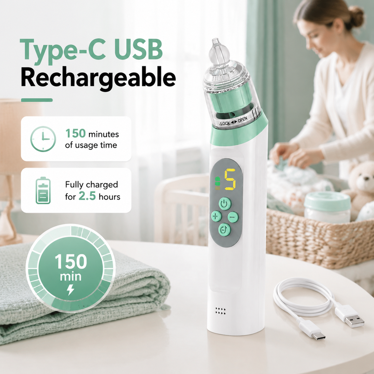Baby Nasal Aspirator, Waterproof Baby Nose Sucker, Nose Cleaner with 3 Silicone Tips, Adjustable Suction Level, Music and Light Soothing Function