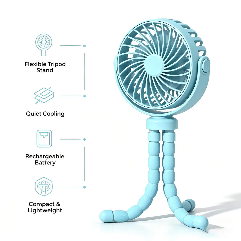 Rechargeable Portable Stroller Fan with Bendable Tripod Legs, Adjustable Wind Speeds, Rotatable Head and USB-C Charging