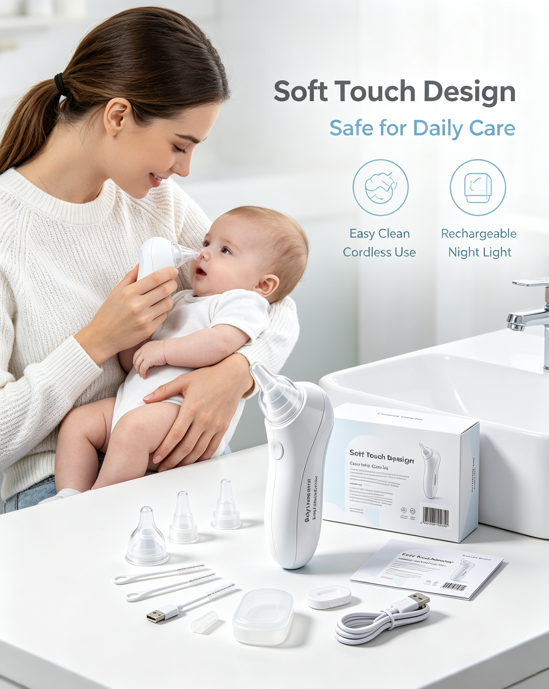 Electric Baby Nose Cleaner with Rechargeable Battery, Adjustable Suction Levels, Soft Tips, Storage Case